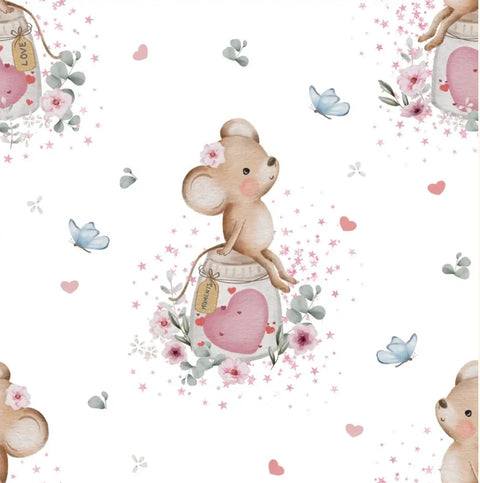 Family Fabrics / Baby Rib 260g „Mouse Collecting Love White“