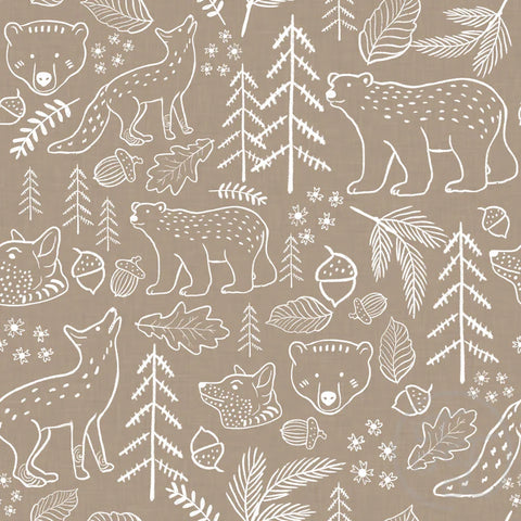 Family Fabrics / French Terry "Bear Fox Doodle Taupe”